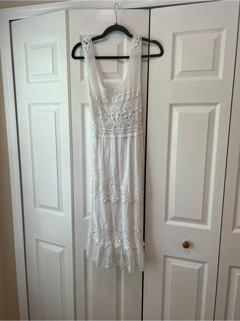 Tempo Paris White Crochet Maxi Dress with Tiered Lace Panels